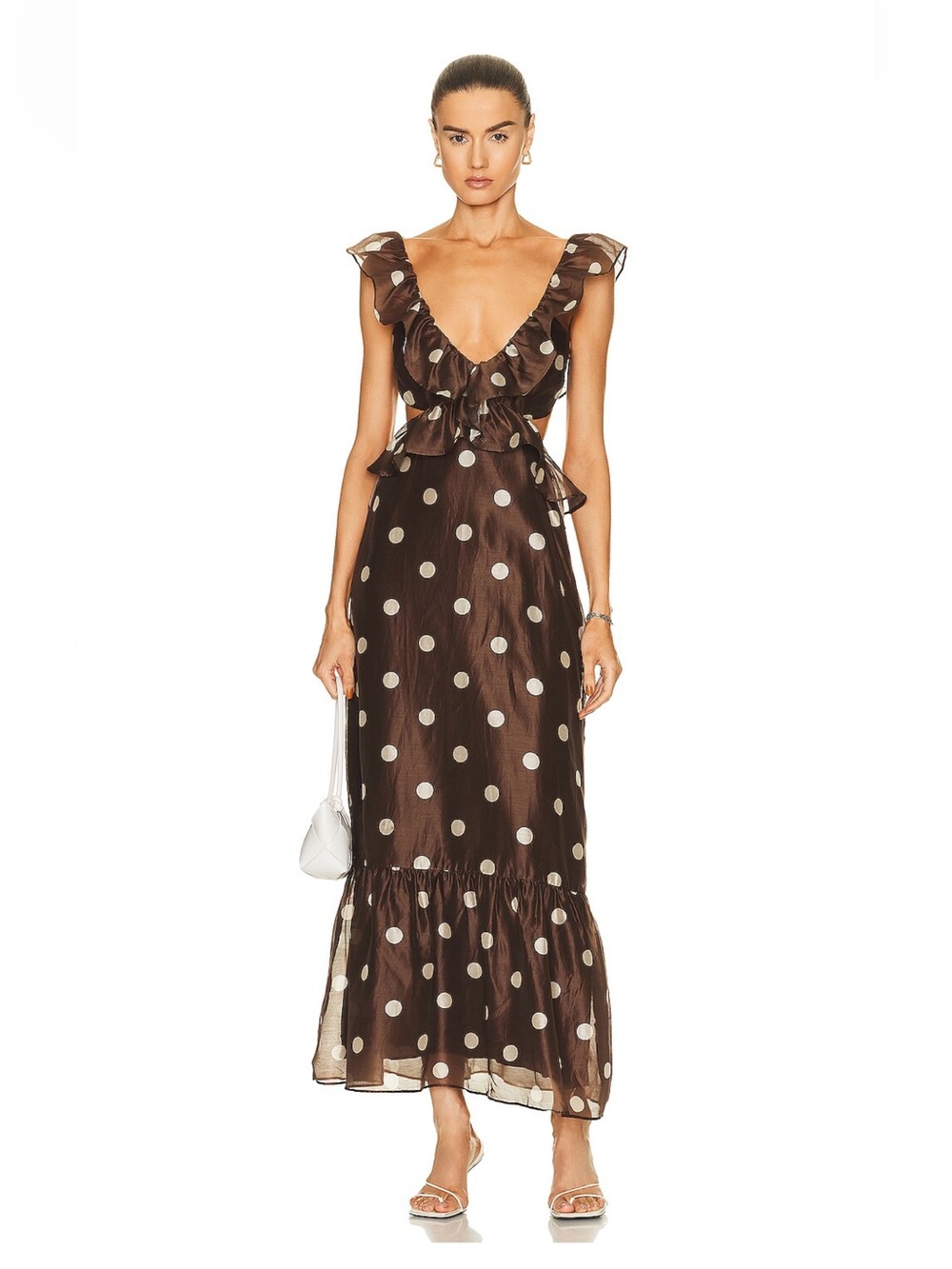 Ruffled Polka Dot Maxi Dress - Brown